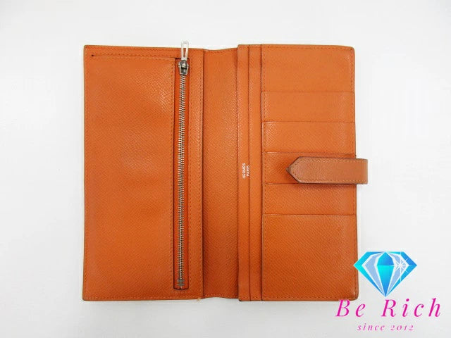 エルメス HERMES 二つ折り財布 長財布 ベアン スフレ □L 刻印 オレンジ ヴォー エプソン レザー H ロゴ シルバー 金具 ロング ウォレット  【中古】【送料無料】 bs3724