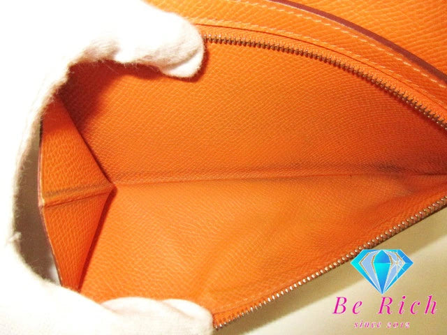 エルメス HERMES 二つ折り財布 長財布 ベアン スフレ □L 刻印 オレンジ ヴォー エプソン レザー H ロゴ シルバー 金具 ロング ウォレット  【中古】【送料無料】 bs3724