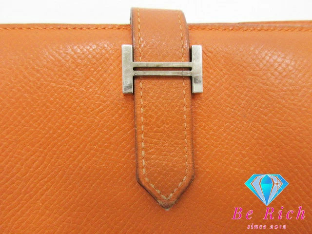エルメス HERMES 二つ折り財布 長財布 ベアン スフレ □L 刻印 オレンジ ヴォー エプソン レザー H ロゴ シルバー 金具 ロング ウォレット  【中古】【送料無料】 bs3724