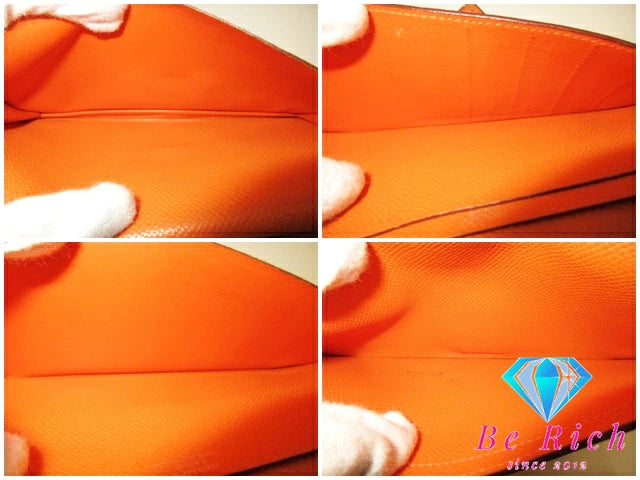 エルメス HERMES 二つ折り財布 長財布 ベアン スフレ □L 刻印 オレンジ ヴォー エプソン レザー H ロゴ シルバー 金具 ロング ウォレット  【中古】【送料無料】 bs3724