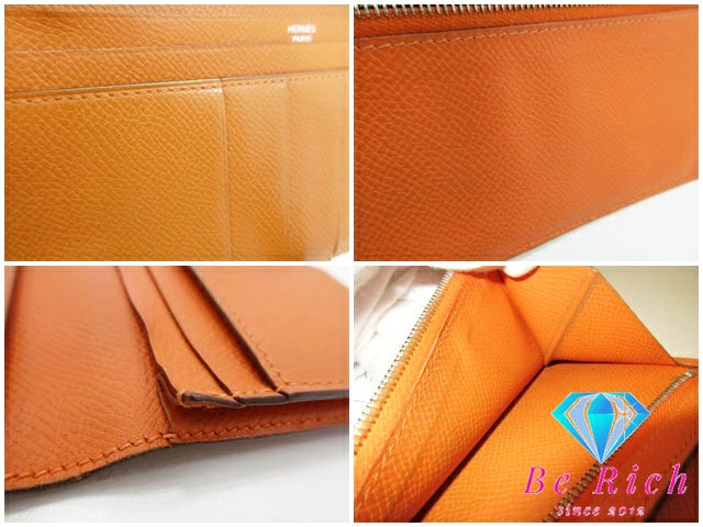 エルメス HERMES 二つ折り財布 長財布 ベアン スフレ □L 刻印 オレンジ ヴォー エプソン レザー H ロゴ シルバー 金具 ロング ウォレット  【中古】【送料無料】 bs3724