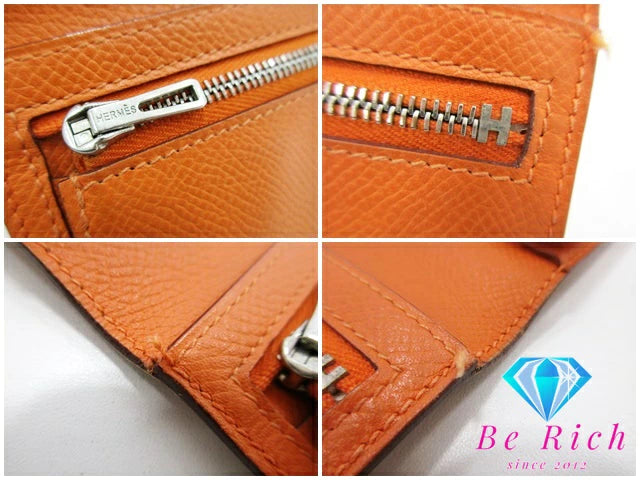 エルメス HERMES 二つ折り財布 長財布 ベアン スフレ □L 刻印 オレンジ ヴォー エプソン レザー H ロゴ シルバー 金具 ロング ウォレット  【中古】【送料無料】 bs3724