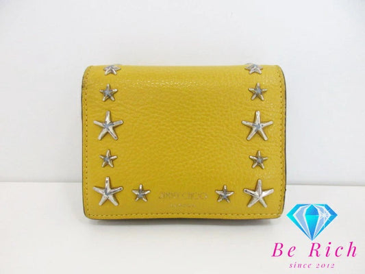 ジミーチュウ JIMMY CHOO 二つ折り財布 UUF211 HANNE イエロー 黄 レザー ロゴ 中財布 ミディアム コンパクト ウォレット スター 星 スタッズ HANNE 【中古】【送料無料】 bs3727