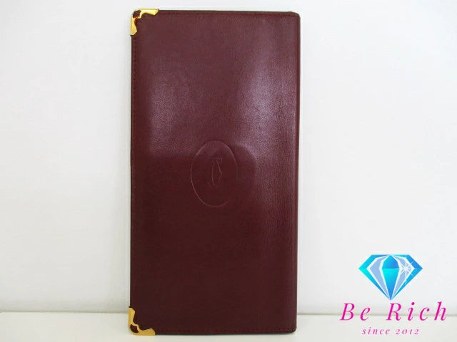 カルティエ Cartier メンズ 二つ折り財布 長財布 札入れ マスト ライン ボルドー レザー ロゴ ロング ウォレット 小銭入れなし  【中古】【送料無料】 bs3731