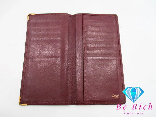 カルティエ Cartier メンズ 二つ折り財布 長財布 札入れ マスト ライン ボルドー レザー ロゴ ロング ウォレット 小銭入れなし  【中古】【送料無料】 bs3731