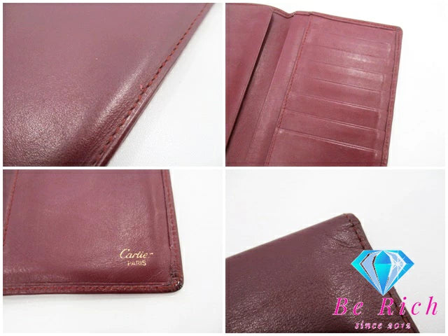 カルティエ Cartier メンズ 二つ折り財布 長財布 札入れ マスト ライン ボルドー レザー ロゴ ロング ウォレット 小銭入れなし  【中古】【送料無料】 bs3731