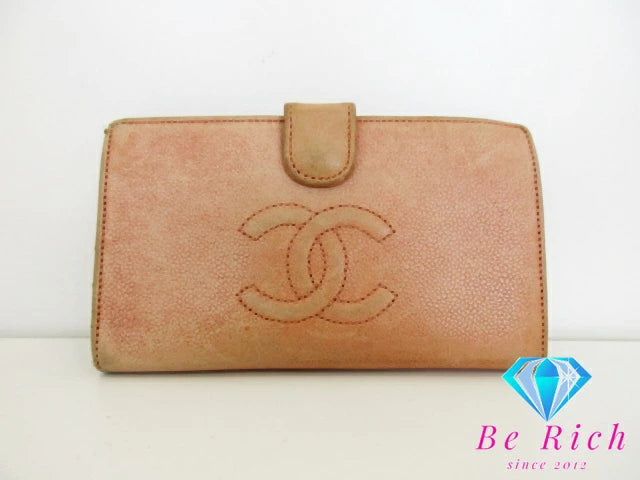 シャネル CHANEL がま口 二つ折り財布 A13497 ピンク キャビアスキン レザー ココ マーク ロゴ 中財布 ミディアム ロング ウォレット 長財布  【中古】【送料無料】 bs3748
