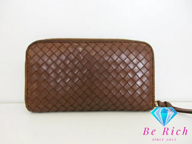 ボッテガ ヴェネタ BOTTEGA VENETA ラウンド ファスナー 長財布 イントレチャート レザー ゴールド ロゴ 二つ折り財布 ロング ウォレット 【中古】【送料無料】bs3759