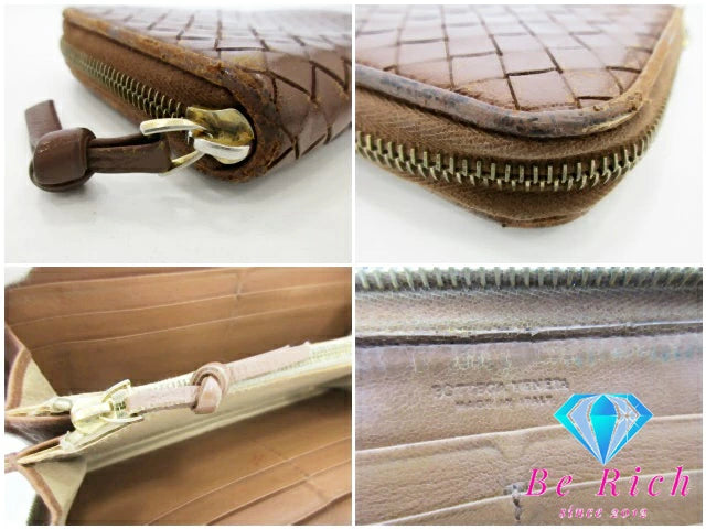 ボッテガ ヴェネタ BOTTEGA VENETA ラウンド ファスナー 長財布 イントレチャート レザー ゴールド ロゴ 二つ折り財布 ロング ウォレット 【中古】【送料無料】bs3759