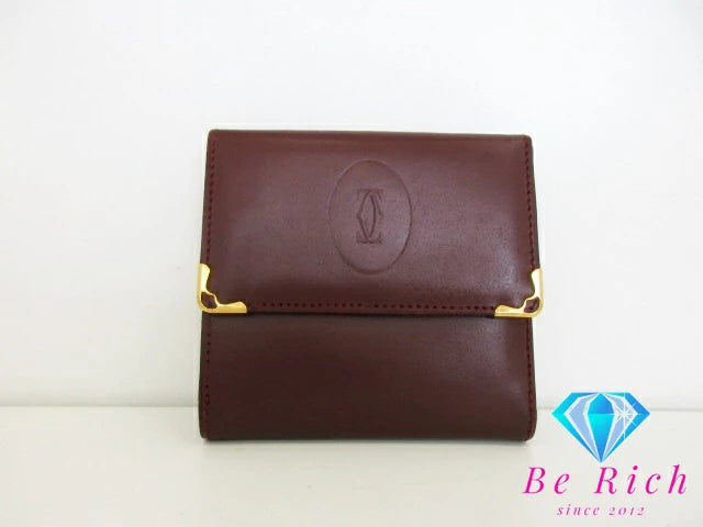 Cartier 三つ折り財布 がま口 小銭入れ マスト ドゥ カルティエ L3000039 ボルドー レザー ロゴ 二つ折り財布 コンパクト ウォレット  【中古】【送料無料】 bs3762