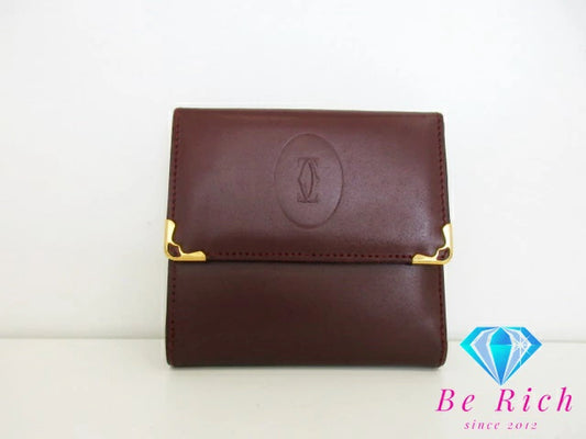 Cartier 三つ折り財布 がま口 小銭入れ マスト ドゥ カルティエ L3000039 ボルドー レザー ロゴ 二つ折り財布 コンパクト ウォレット  【中古】【送料無料】 bs3762