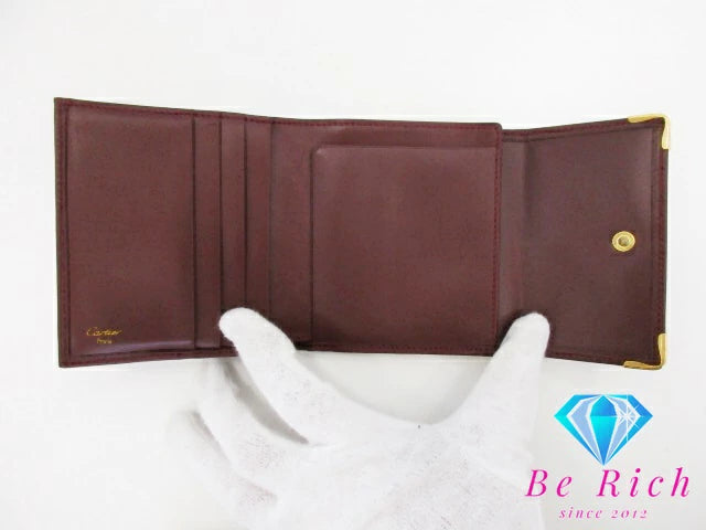 Cartier 三つ折り財布 がま口 小銭入れ マスト ドゥ カルティエ L3000039 ボルドー レザー ロゴ 二つ折り財布 コンパクト ウォレット  【中古】【送料無料】 bs3762