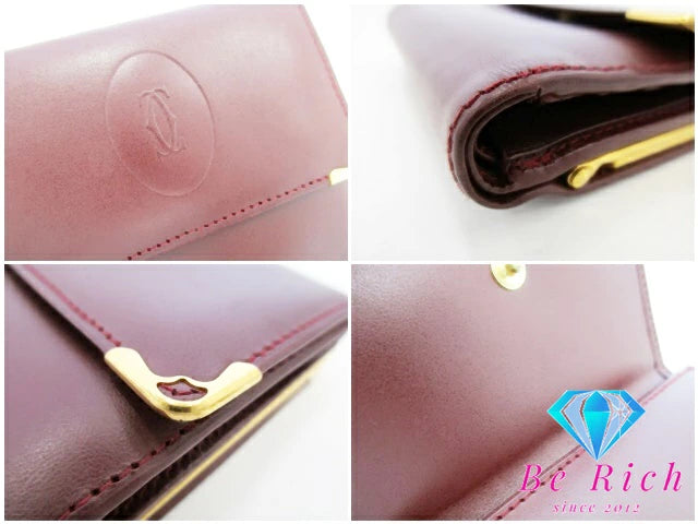 Cartier 三つ折り財布 がま口 小銭入れ マスト ドゥ カルティエ L3000039 ボルドー レザー ロゴ 二つ折り財布 コンパクト ウォレット  【中古】【送料無料】 bs3762