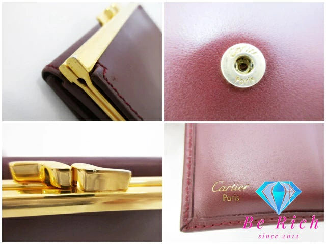 Cartier 三つ折り財布 がま口 小銭入れ マスト ドゥ カルティエ L3000039 ボルドー レザー ロゴ 二つ折り財布 コンパクト ウォレット  【中古】【送料無料】 bs3762