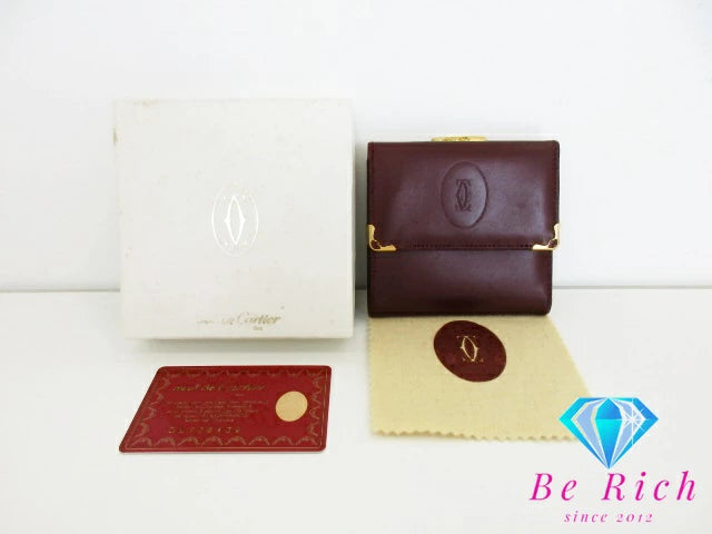 Cartier 三つ折り財布 がま口 小銭入れ マスト ドゥ カルティエ L3000039 ボルドー レザー ロゴ 二つ折り財布 コンパクト ウォレット  【中古】【送料無料】 bs3762