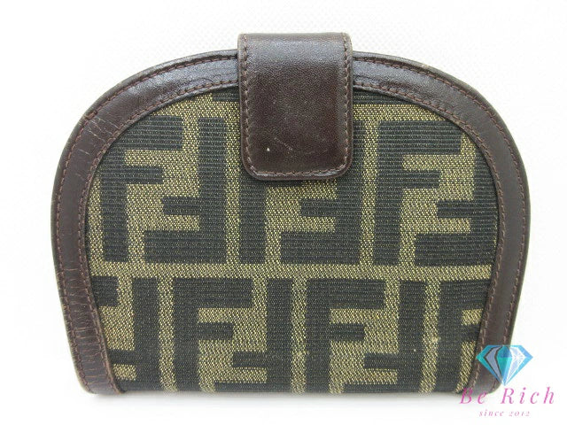 フェンディ FENDI 二つ折り財布 中財布 2804 012233 ブラウン 茶 ブラック 黒 キャンバス レザー ズッカ ロゴ ミディアム コンパクト ウォレット 【中古】【送料無料】 bs3964