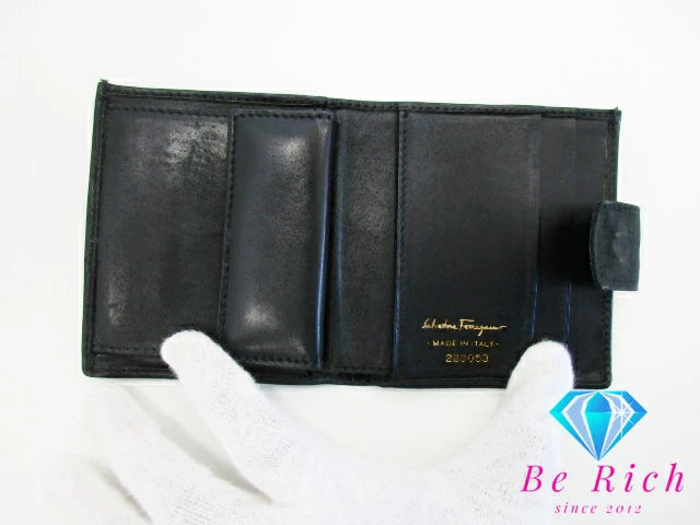 サルヴァトーレ フェラガモ Salvatore Ferragamo 二つ折り財布 22 3053 ヴァラ 黒 ブラック レザー コンパクト ウォレット  【中古】【送料無料】bs3671