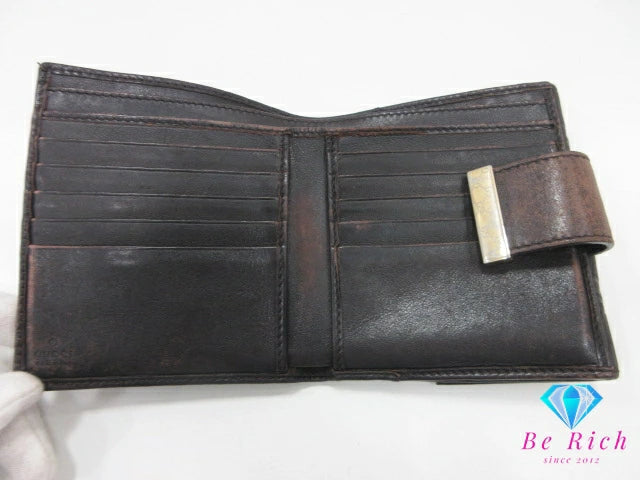 グッチ GUCCI Wホック 二つ折り財布 212090 GG シマ ダーク ブラウン 茶 ロゴ レザー コンパクト ウォレット 【中古】【送料無料】bs3778