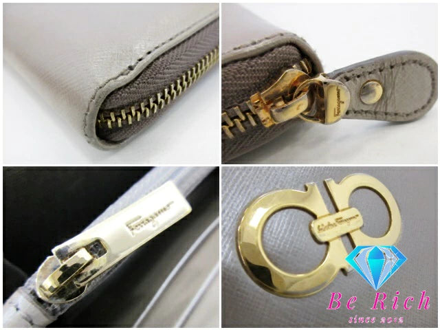 サルヴァトーレ フェラガモ Salvatore Ferragamo ラウンドファスナー 長財布 IY 22 B 300 ガンチーニ ベージュ レザー ロゴ 二つ折り財布 ロング ウォレット 【中古】【送料無料】bs3794