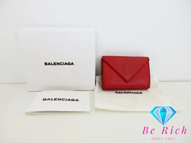 バレンシアガ BALENCIAGA ペーパー ミニ ウォレット 391446 赤 レッド カーフ レザー 三つ折り 財布 コンパクト ウォレット 【中古】【送料無料】 bs3846