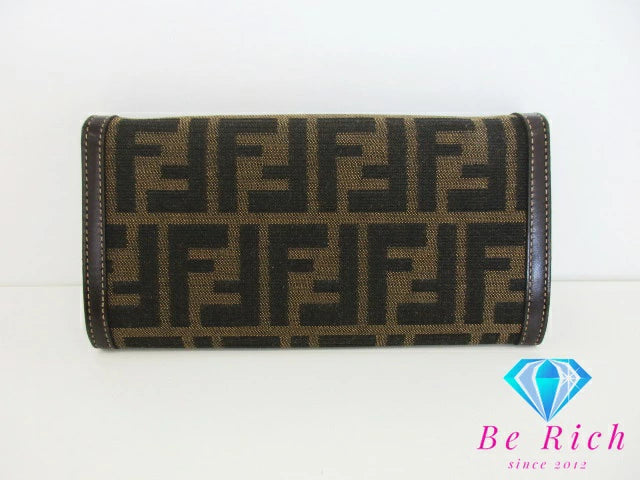 フェンディ FENDI 二つ折り財布 長財布 ズッカ 茶 ブラウン キャンバス レザー ズッカ ロゴ ロング ウォレット  【中古】【送料無料】 bs3851