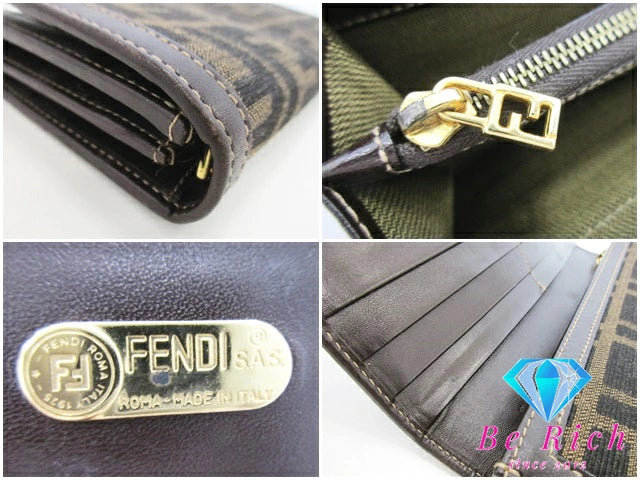 フェンディ FENDI 二つ折り財布 長財布 ズッカ 茶 ブラウン キャンバス レザー ズッカ ロゴ ロング ウォレット  【中古】【送料無料】 bs3851