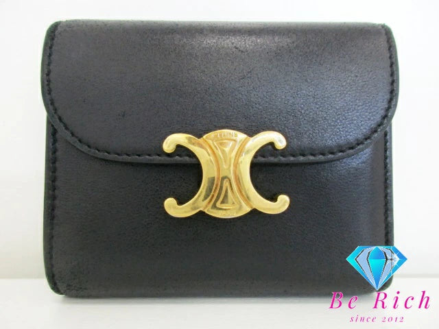 セリーヌ CELINE 三つ折り財布 スモール フラップ ウォレット トリオンフ 10D783 黒 ブラック ロゴ 二つ折り財布 コンパクト ミニ ウォレット  【中古】【送料無料】 bs3862