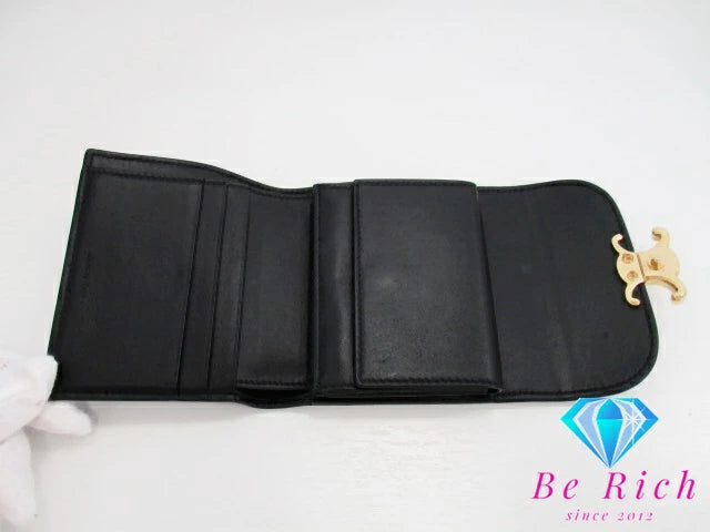 セリーヌ CELINE 三つ折り財布 スモール フラップ ウォレット トリオンフ 10D783 黒 ブラック ロゴ 二つ折り財布 コンパクト ミニ ウォレット  【中古】【送料無料】 bs3862