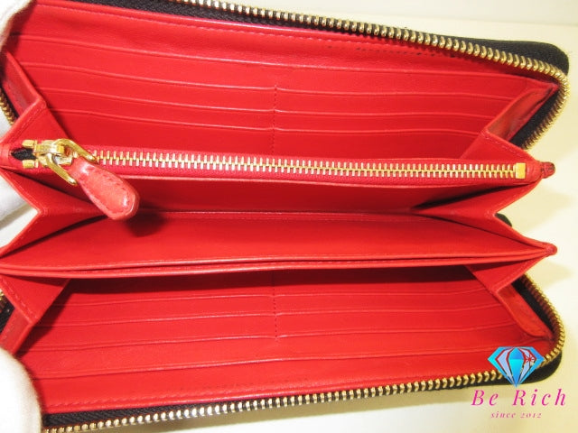 プラダ PRADA ラウンド ファスナー 長財布 1ML506 サフィアーノ レザー 黒 ブラック 赤 レッド バイカラー ロゴ 二つ折り財布 ロング ウォレット 【中古】【送料無料】bs3863