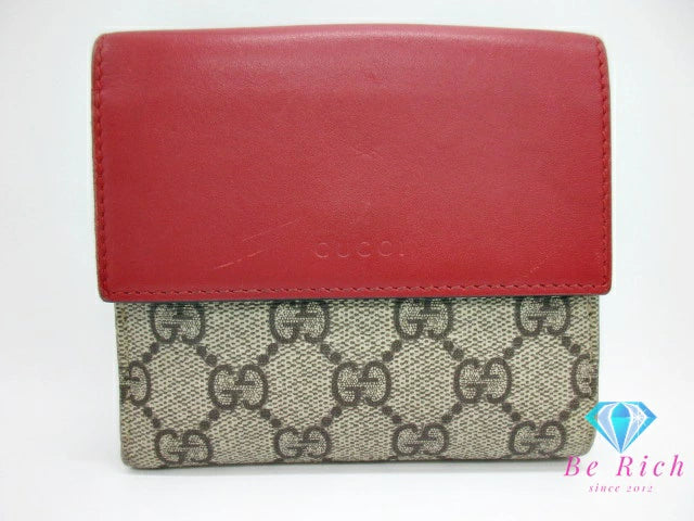 グッチ GUCCI Wホック 二つ折り 財布 GG スプリーム ブラウン 茶 赤 レッド ロゴ PVC レザー コンパクト ウォレット【中古】【送料無料】 bs3898