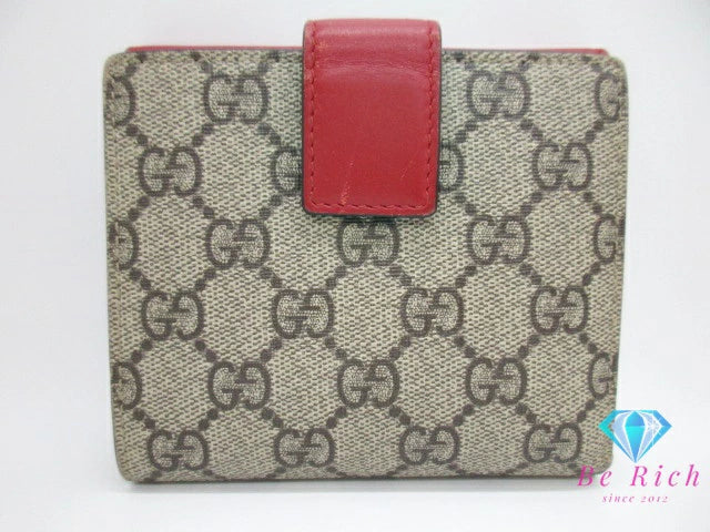 グッチ GUCCI Wホック 二つ折り 財布 GG スプリーム ブラウン 茶 赤 レッド ロゴ PVC レザー コンパクト ウォレット【中古】【送料無料】 bs3898