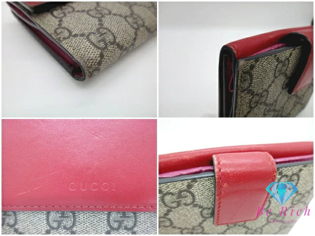 グッチ GUCCI Wホック 二つ折り 財布 GG スプリーム ブラウン 茶 赤 レッド ロゴ PVC レザー コンパクト ウォレット【中古】【送料無料】 bs3898