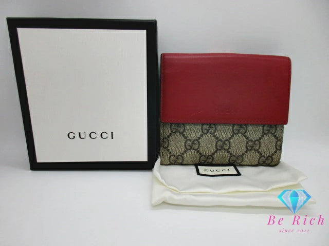 グッチ GUCCI Wホック 二つ折り 財布 GG スプリーム ブラウン 茶 赤 レッド ロゴ PVC レザー コンパクト ウォレット【中古】【送料無料】 bs3898