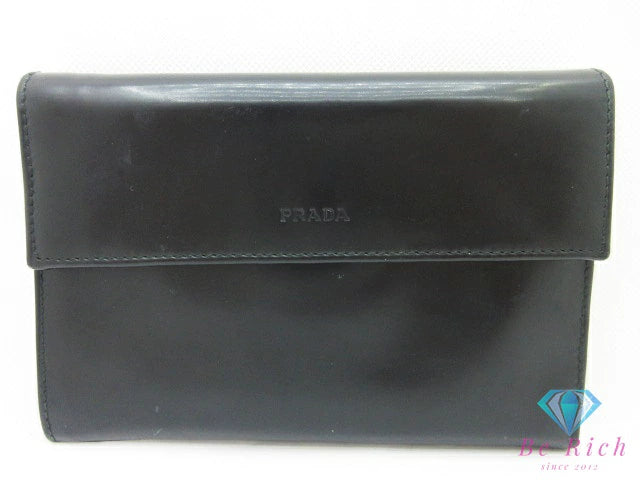 プラダ 三つ折り 財布 レザー ブラック 黒 PRADA コンパクト ウォレット メンズ レディース 【中古】【送料無料】 bs3913