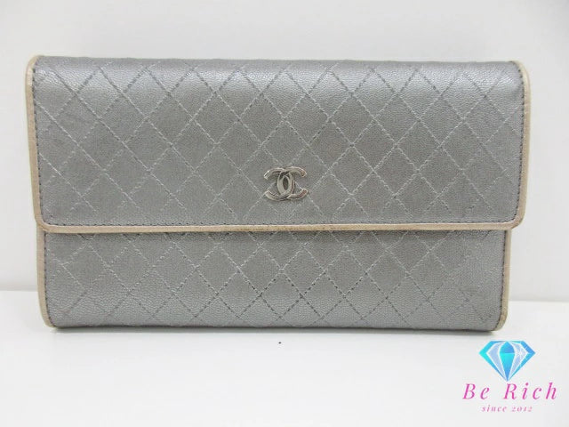 シャネル CHANEL 三つ折り財布 長財布 A33908 ビコローレ シルバー シャンパン ゴールド レザー ココマーク CC ロゴ ステッチ 二つ折り財布 ロング ウォレット 【中古】【送料無料】 bs3918