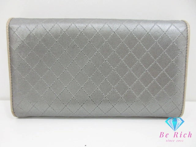 シャネル CHANEL 三つ折り財布 長財布 A33908 ビコローレ シルバー シャンパン ゴールド レザー ココマーク CC ロゴ ステッチ 二つ折り財布 ロング ウォレット 【中古】【送料無料】 bs3918