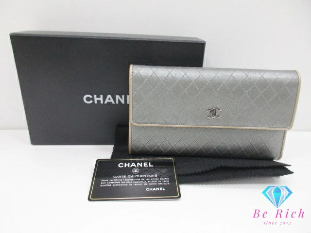シャネル CHANEL 三つ折り財布 長財布 A33908 ビコローレ シルバー シャンパン ゴールド レザー ココマーク CC ロゴ ステッチ 二つ折り財布 ロング ウォレット 【中古】【送料無料】 bs3918