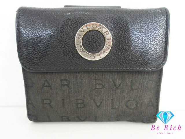 ブルガリ BVLGARI Wホック 二つ折り 財布 25127 ロゴマニア ブラック 黒 キャンバス レザー ロゴ ミニ コンパクト ウォレット  【中古】【送料無料】 bs3926