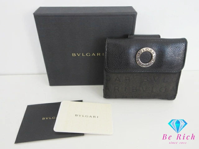 ブルガリ BVLGARI Wホック 二つ折り 財布 25127 ロゴマニア ブラック 黒 キャンバス レザー ロゴ ミニ コンパクト ウォレット  【中古】【送料無料】 bs3926