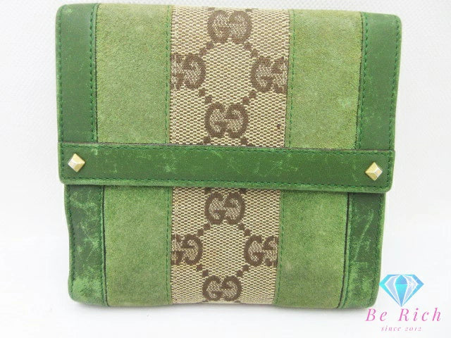 グッチ GUCCI Wホック 二つ折り 財布 120927 GG ベージュ 緑 グリーン キャンバス スエード レザー ロゴ コンパクト ウォレット 【中古】【送料無料】bs3935