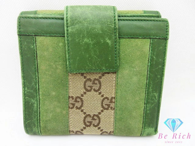 グッチ GUCCI Wホック 二つ折り 財布 120927 GG ベージュ 緑 グリーン キャンバス スエード レザー ロゴ コンパクト ウォレット 【中古】【送料無料】bs3935