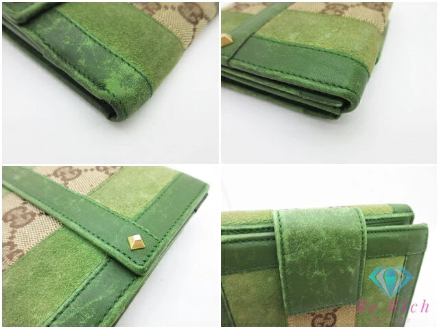 グッチ GUCCI Wホック 二つ折り 財布 120927 GG ベージュ 緑 グリーン キャンバス スエード レザー ロゴ コンパクト ウォレット 【中古】【送料無料】bs3935