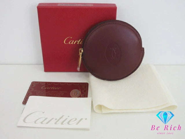 美品 カルティエ Cartier マスト ライン ラウンド 型 コインケース 小銭入れ ボルドー レザー ロゴ 財布 コンパクト ウォレット  【中古】【送料無料】 bs3947