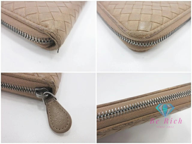 ボッテガ ヴェネタ BOTTEGA VENETA ラウンド ファスナー 長財布 イントレチャート レザー ベージュ ロゴ 二つ折り財布 ロング ウォレット 【中古】【送料無料】bs3949