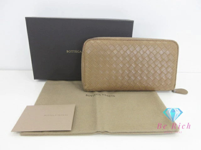 ボッテガ ヴェネタ BOTTEGA VENETA ラウンド ファスナー 長財布 イントレチャート レザー ベージュ ロゴ 二つ折り財布 ロング ウォレット 【中古】【送料無料】bs3949