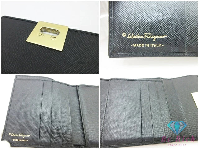 サルヴァトーレ フェラガモ Ferragamo 三つ折り 財布 228593 ガンチーニ 黒 ブラック レザー ロゴ コンパクト ウォレット  【中古】【送料無料】bs3954