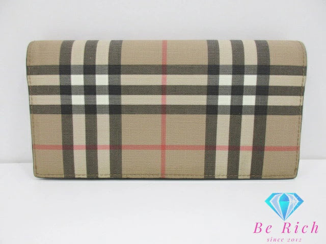 バーバリー BURBERRY 二つ折り財布 長財布 チェック ベージュ ブラウン 茶 PVC レザー ロゴ ロング ウォレット 【中古】【送料無料】 bs3958