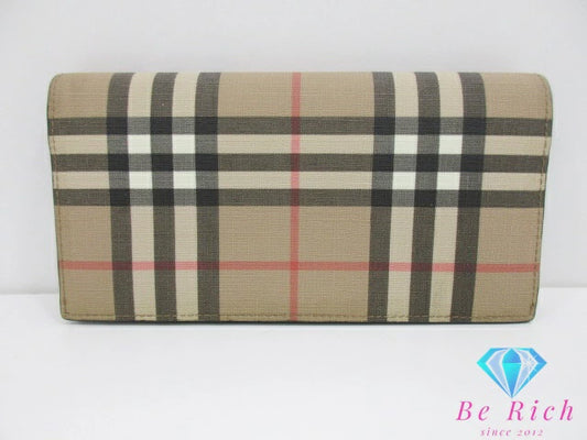 バーバリー BURBERRY 二つ折り財布 長財布 チェック ベージュ ブラウン 茶 PVC レザー ロゴ ロング ウォレット 【中古】【送料無料】 bs3958
