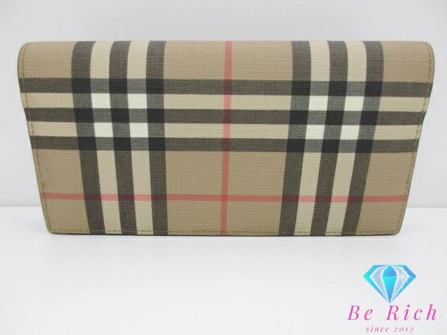 バーバリー BURBERRY 二つ折り財布 長財布 チェック ベージュ ブラウン 茶 PVC レザー ロゴ ロング ウォレット 【中古】【送料無料】 bs3958