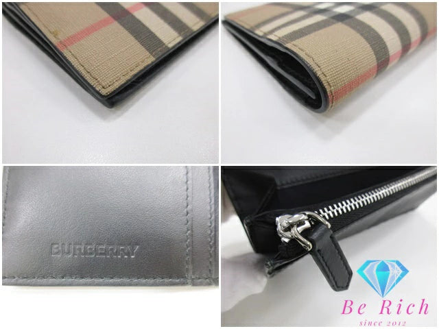 バーバリー BURBERRY 二つ折り財布 長財布 チェック ベージュ ブラウン 茶 PVC レザー ロゴ ロング ウォレット 【中古】【送料無料】 bs3958